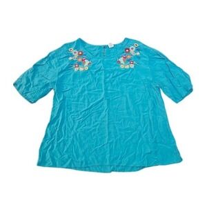This & That Blouse Women XXL Blue Floral Embroidered Boho Half Sleeve Shirt Top